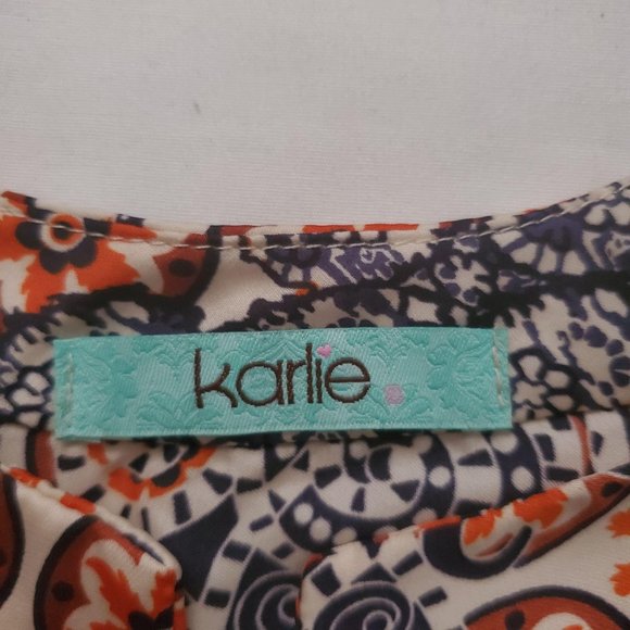 Karlie Women's Flowy Roll Tab Sleeve Multicolor Print Button Front Dress Small - Picture 9 of 10